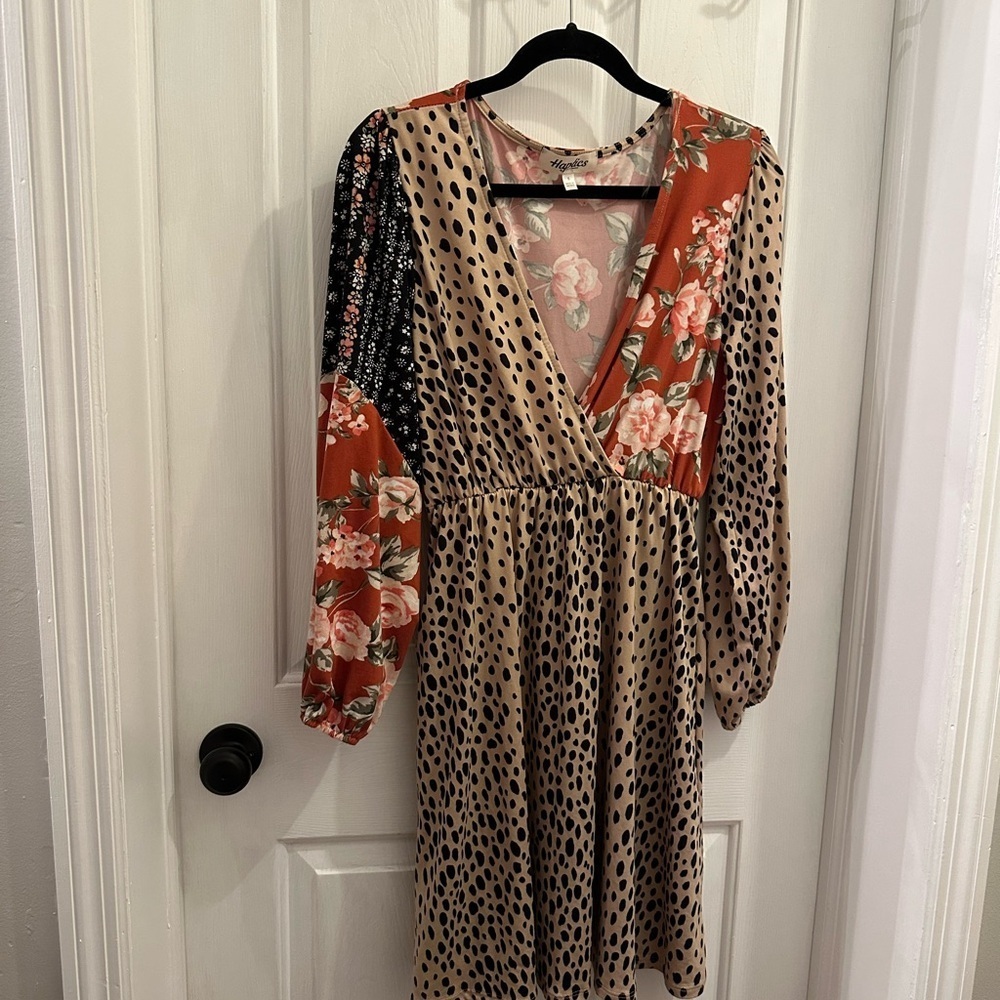 Black and Brown Fit and Flare Midi Dress with Plunge Neckline